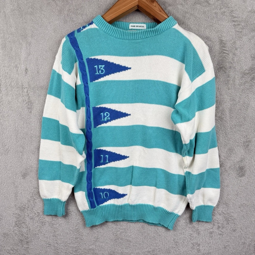 Izod Club Sweater Womens S Teal White Stripe Back Nine Golf Cotton Knit VTG